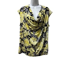 Kasper Women's 1X Yellow Floral Cowl Neck Sleeveless Top Blouse Shirt